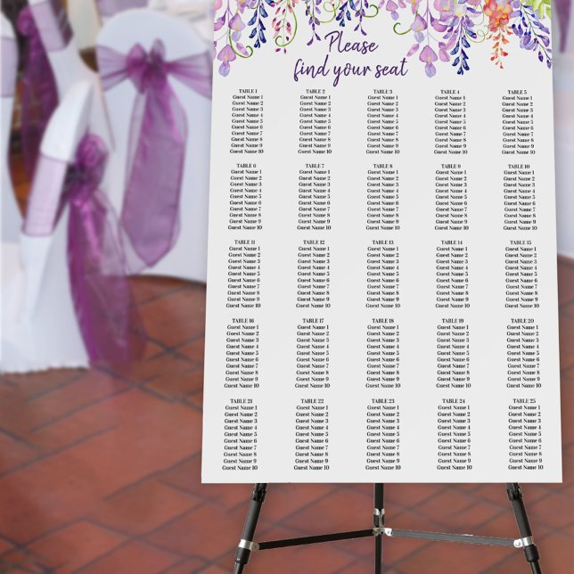 Wisteria Purple Floral 25 Table Seating Chart  Foam Board (Guest Seating Chart from my Purple Wisteria Quinceanera Collection
)