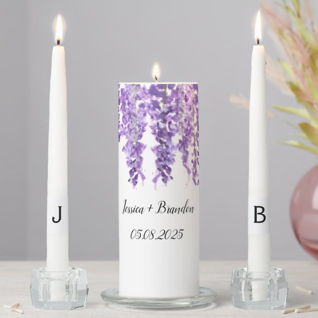 Wisteria Purple Floral Monogram Wedding Unity Candle Set (In Situ)
