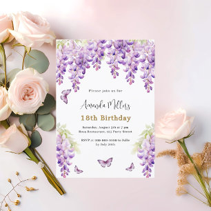 Wisteria purple florals butterflies birthday invitation