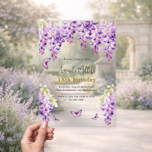 Wisteria purple florals butterflies clear birthday acrylic invitations