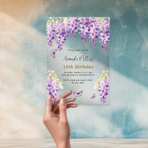 Wisteria purple florals butterfly bow birthday acrylic invitations