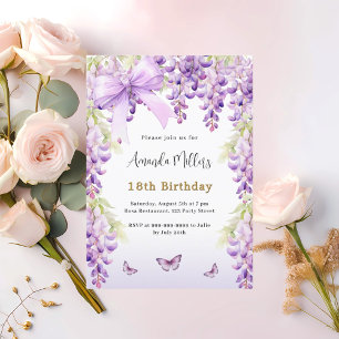 Wisteria purple florals butterfly bow birthday invitation