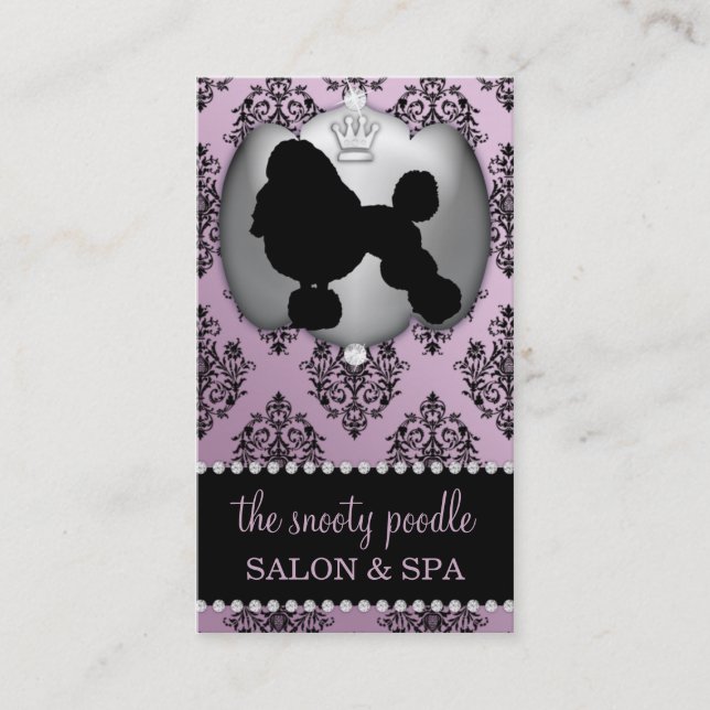 Wisteria Purple Jeweled Damask Dog Grooming/Spa Business Card (Front)