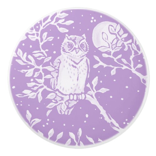 Wisteria Purple Owl in Tree Moon Forest Woodland Ceramic Knob
