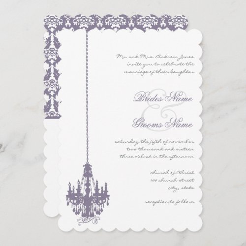 Wisteria Purple Vintage Chandelier Damask Wedding Invitation