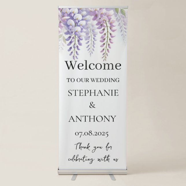 Wisteria Rustic Purple Floral Elegant Wedding Retractable Banner (Front)