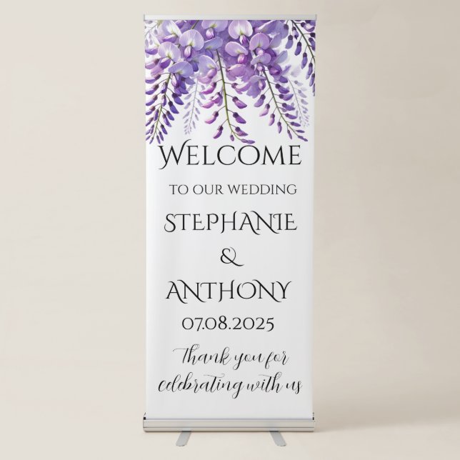 Wisteria Rustic Purple Floral Elegant Wedding Retractable Banner (Front)