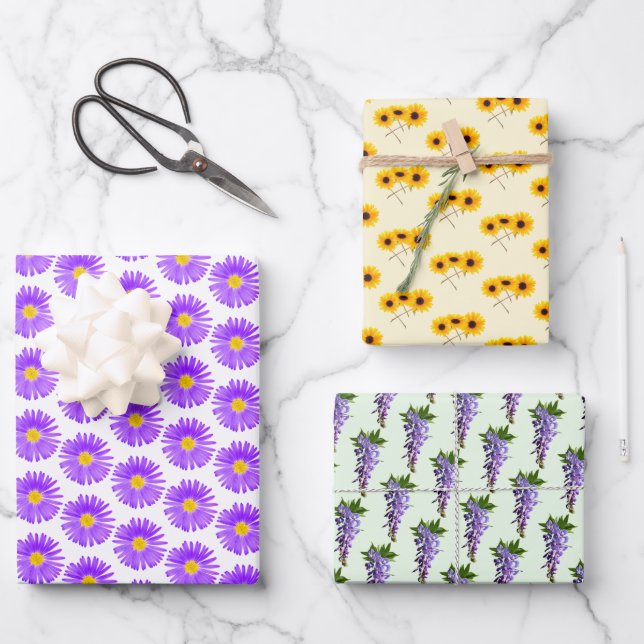 Wisteria, Sunflower, Purple Wildflower Pattern  Wrapping Paper Sheets (Front)