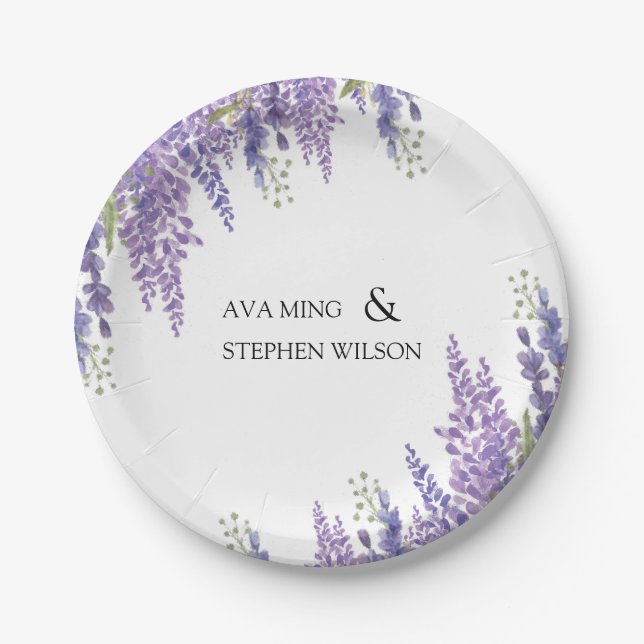 Wisteria tree Lavender Monogram Wedding Paper Plates (Front)