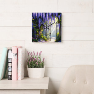 Wisteria vine on nostalgic, victorian garden gate square wall clock