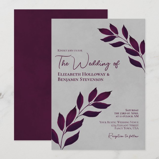 Wistful Cassis Purple Leaves Elegant Gray Wedding Invitation (Front/Back)