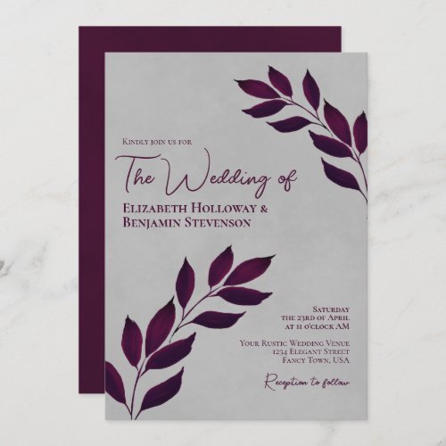Wistful Cassis Purple Leaves Elegant Gray Wedding Invitation