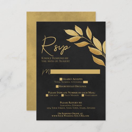 Wistful Leaves Black  Gold Watercolor Wedding RSV RSVP Card