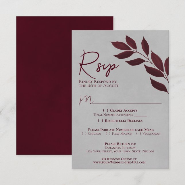 Wistful Leaves Burgundy & Gray Watercolor Wedding RSVP Card (Front/Back)