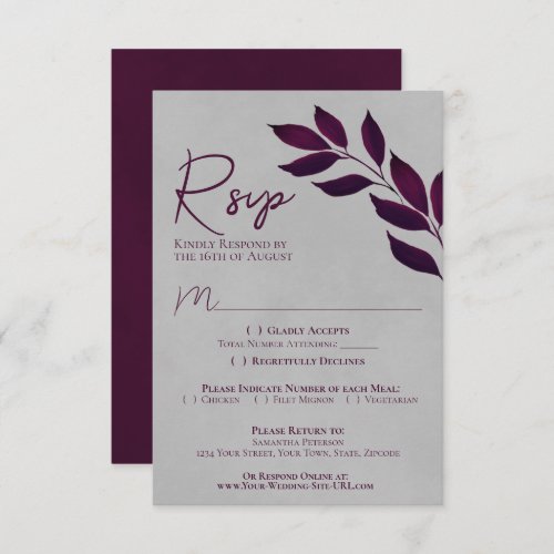 Wistful Leaves Cassis Purple  Gray Wedding RSVP Card