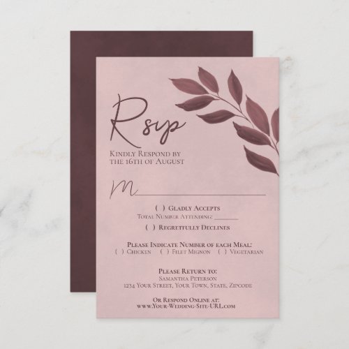 Wistful Leaves Dusty Rose Modern Chic Wedding RSVP Card