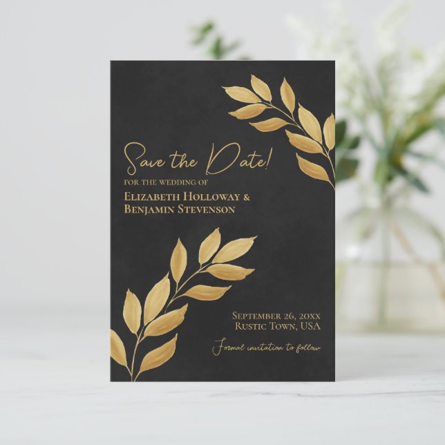Wistful Leaves Elegant Black and Gold Wedding Save The Date (Standing Front)