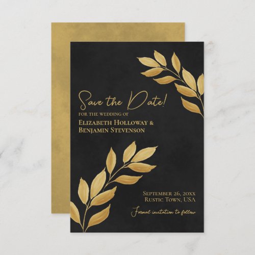Wistful Leaves Elegant Black and Gold Wedding Save The Date