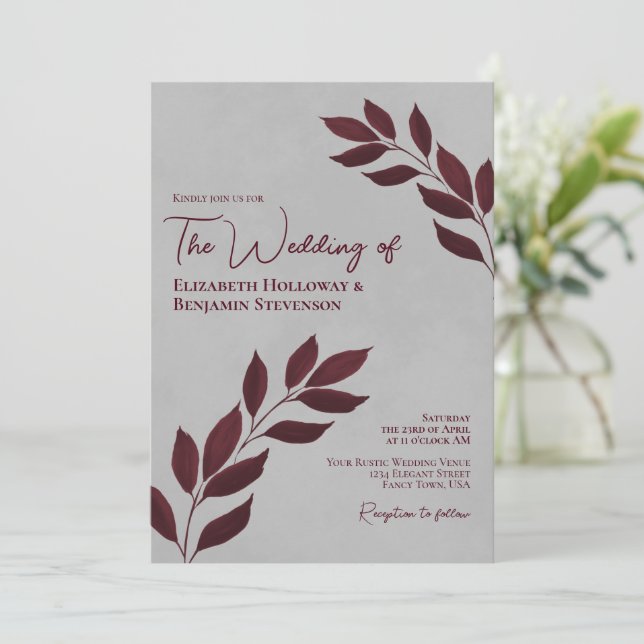 Wistful Leaves Elegant Burgundy & Gray Wedding Invitation (Standing Front)