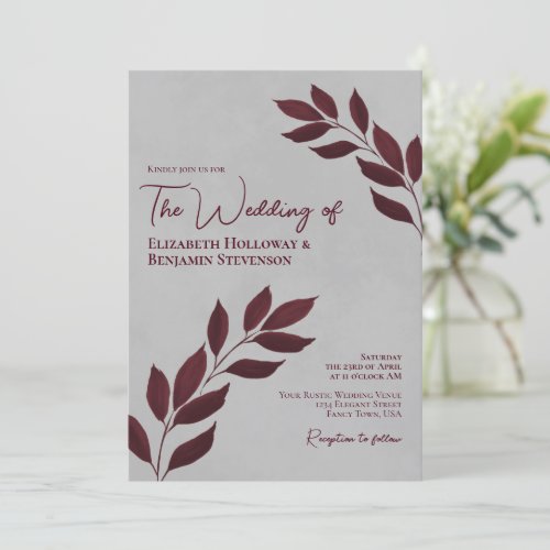 Wistful Leaves Elegant Burgundy  Gray Wedding Invitation