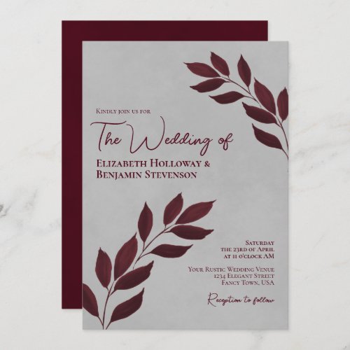 Wistful Leaves Elegant Burgundy  Gray Wedding Invitation