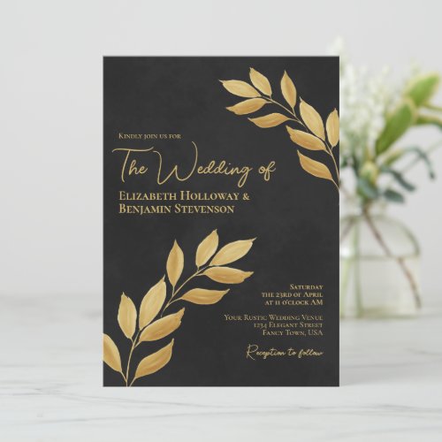Wistful Leaves Elegant Chic Black  Gold Wedding Invitation