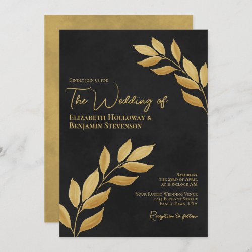 Wistful Leaves Elegant Chic Black  Gold Wedding Invitation