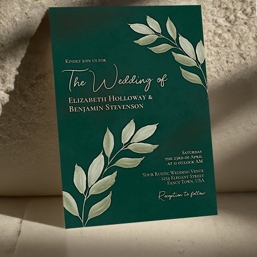Wistful Leaves Elegant Chic Emerald Green Wedding Invitation