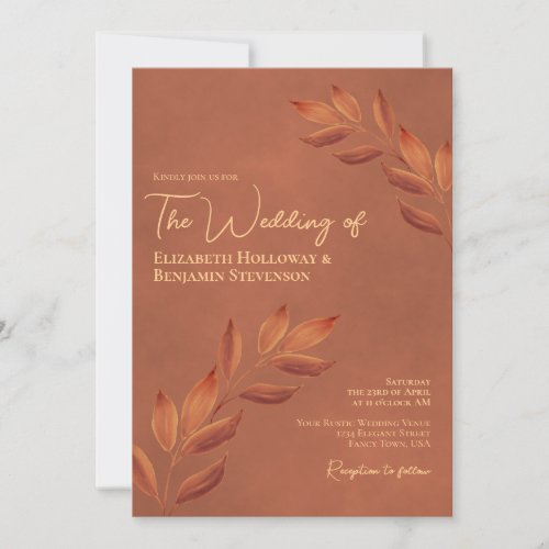 Wistful Leaves Elegant Chic Terracotta Wedding Invitation