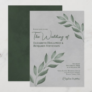 Wistful Leaves Elegant Forest Green & Gray Wedding Invitation