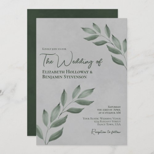 Wistful Leaves Elegant Forest Green  Gray Wedding Invitation