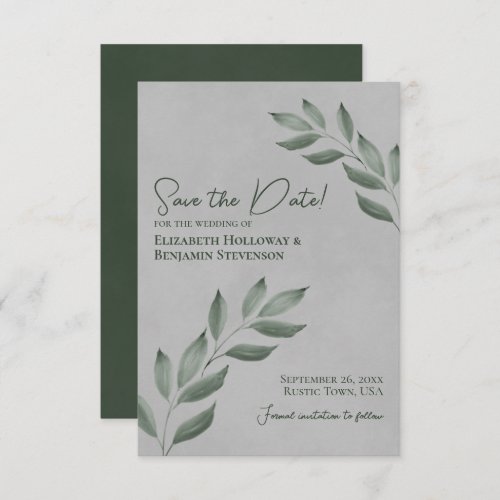 Wistful Leaves Elegant Forest Green  Gray Wedding Save The Date