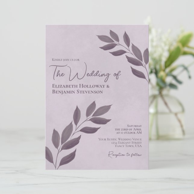 Wistful Leaves Elegant Modern Dusty Purple Wedding Invitation (Standing Front)