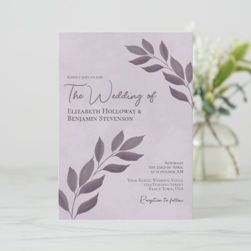 Wistful Leaves Elegant Modern Dusty Purple Wedding Invitation