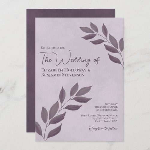 Wistful Leaves Elegant Modern Dusty Purple Wedding Invitation