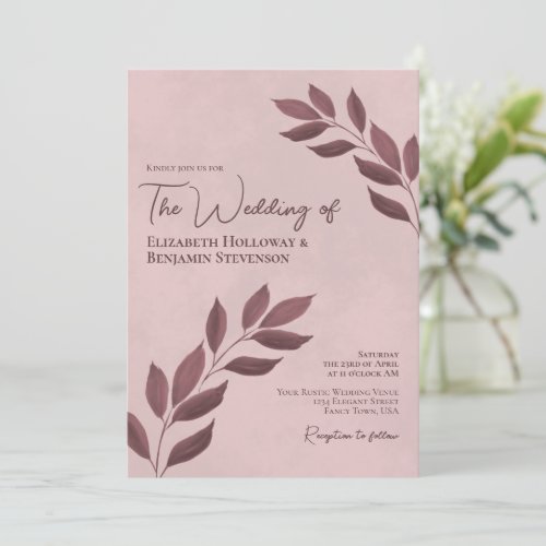 Wistful Leaves Elegant Modern Dusty Rose Wedding Invitation