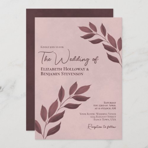Wistful Leaves Elegant Modern Dusty Rose Wedding Invitation