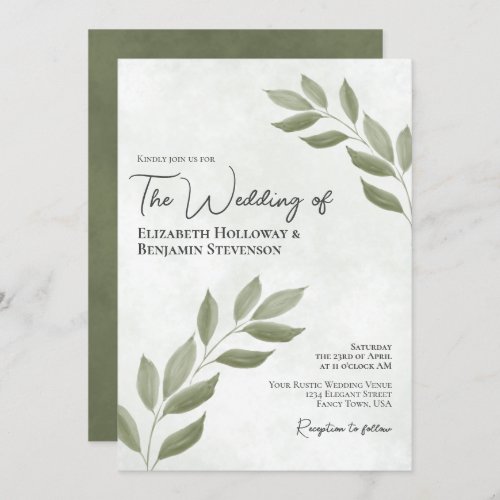 Wistful Leaves Elegant Modern Sage Green Wedding Invitation