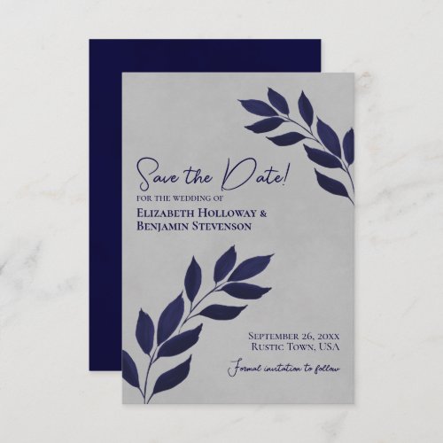 Wistful Leaves Elegant Navy Blue on Gray Wedding Save The Date