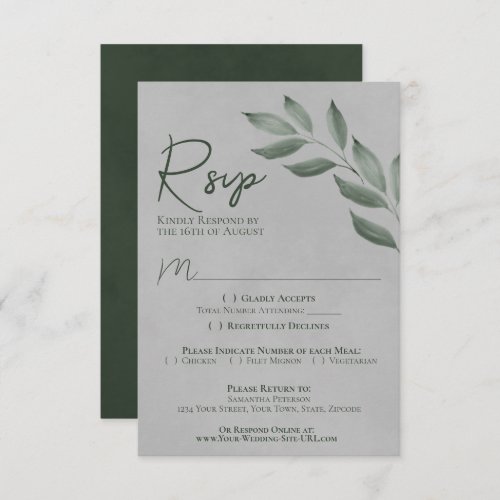 Wistful Leaves Forest Green  Gray Chic Wedding RSVP Card