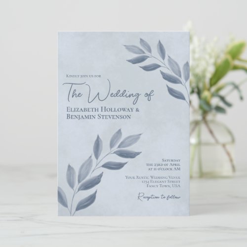 Wistful Leaves Modern Elegant Dusty Blue Wedding Invitation
