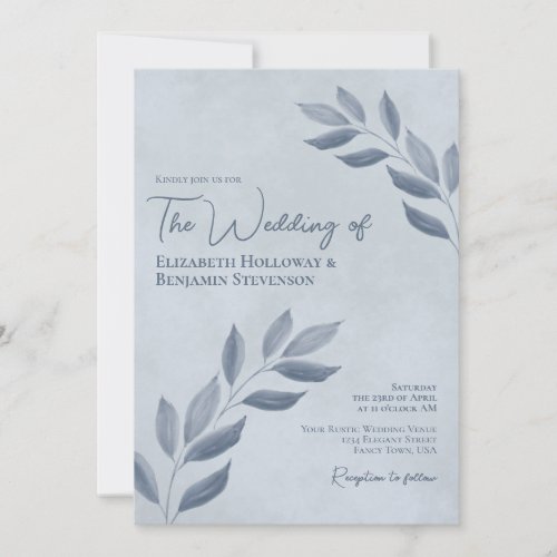 Wistful Leaves Modern Elegant Dusty Blue Wedding Invitation