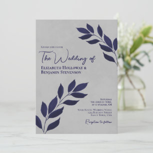 Wistful Leaves Modern Elegant Navy & Gray Wedding Invitation