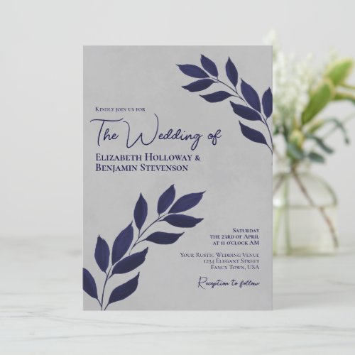 Wistful Leaves Modern Elegant Navy  Gray Wedding Invitation