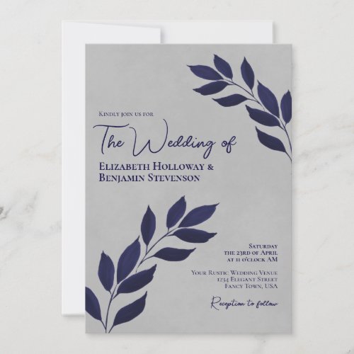 Wistful Leaves Modern Elegant Navy  Gray Wedding Invitation