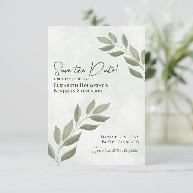 Wistful Leaves Modern Minimal Sage Green Wedding Save The Date (Standing Front)