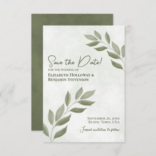 Wistful Leaves Modern Minimal Sage Green Wedding Save The Date