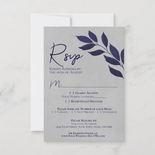 Wistful Leaves Navy Blue  Gray Watercolor Wedding RSVP Card