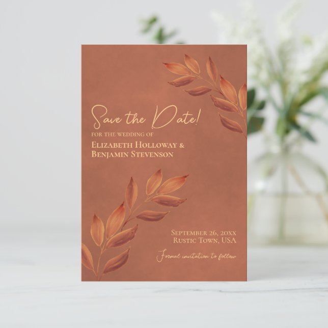 Wistful Leaves Rustic Terracotta Wedding Save The Date (Standing Front)