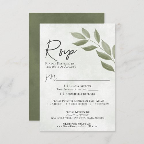 Wistful Leaves Sage Green Modern Chic Wedding RSVP Card